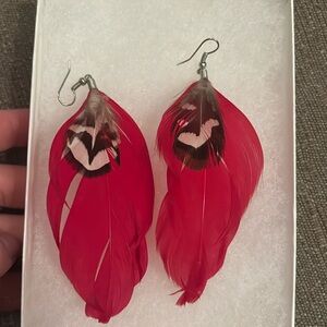 Fun red feather earrings dangly